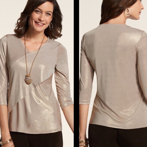 NWT Chico’s Travelers Spliced Layered  Gold Shimmer 3/4 Sleeve Top  SZ L - Picture 1 of 8